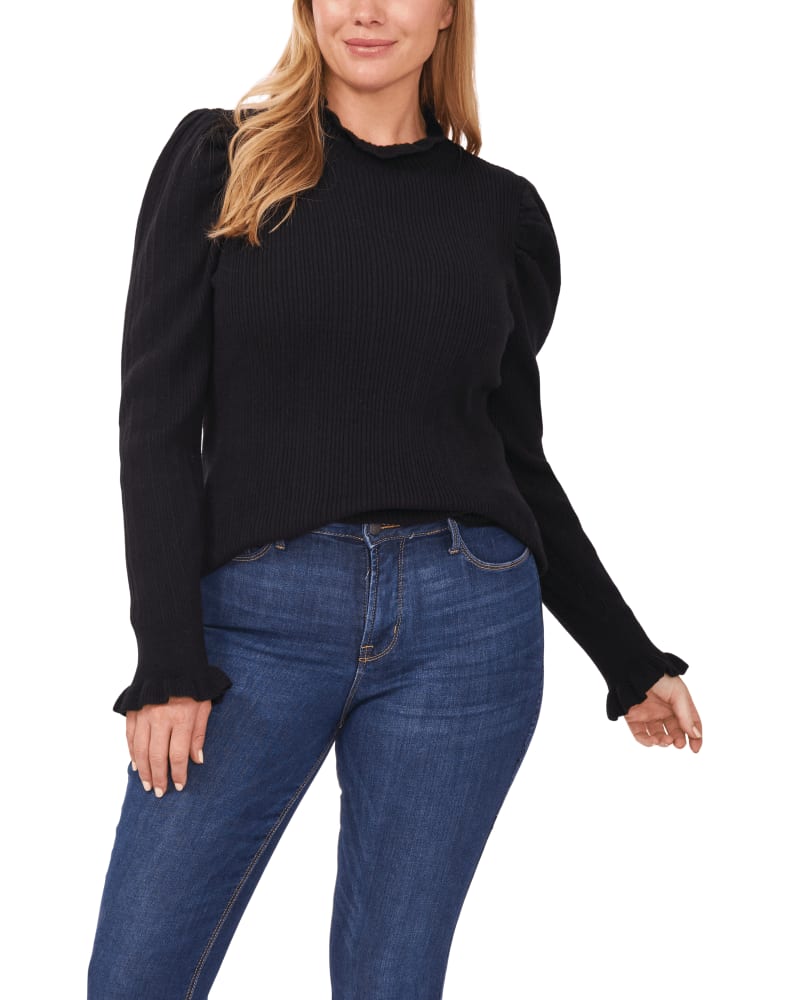 Front of a model wearing a size 1X Delilah Mock Neck Ruffled Sweater in 060-RICH BLACK by CeCe. | dia_product_style_image_id:263818